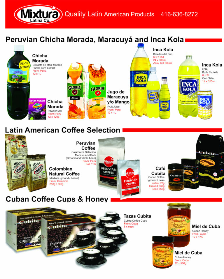 Catalogue: Peruvian chicha morada, maracuya and Inca Kola, Latin American coffee, Cuban coffee cups and honey