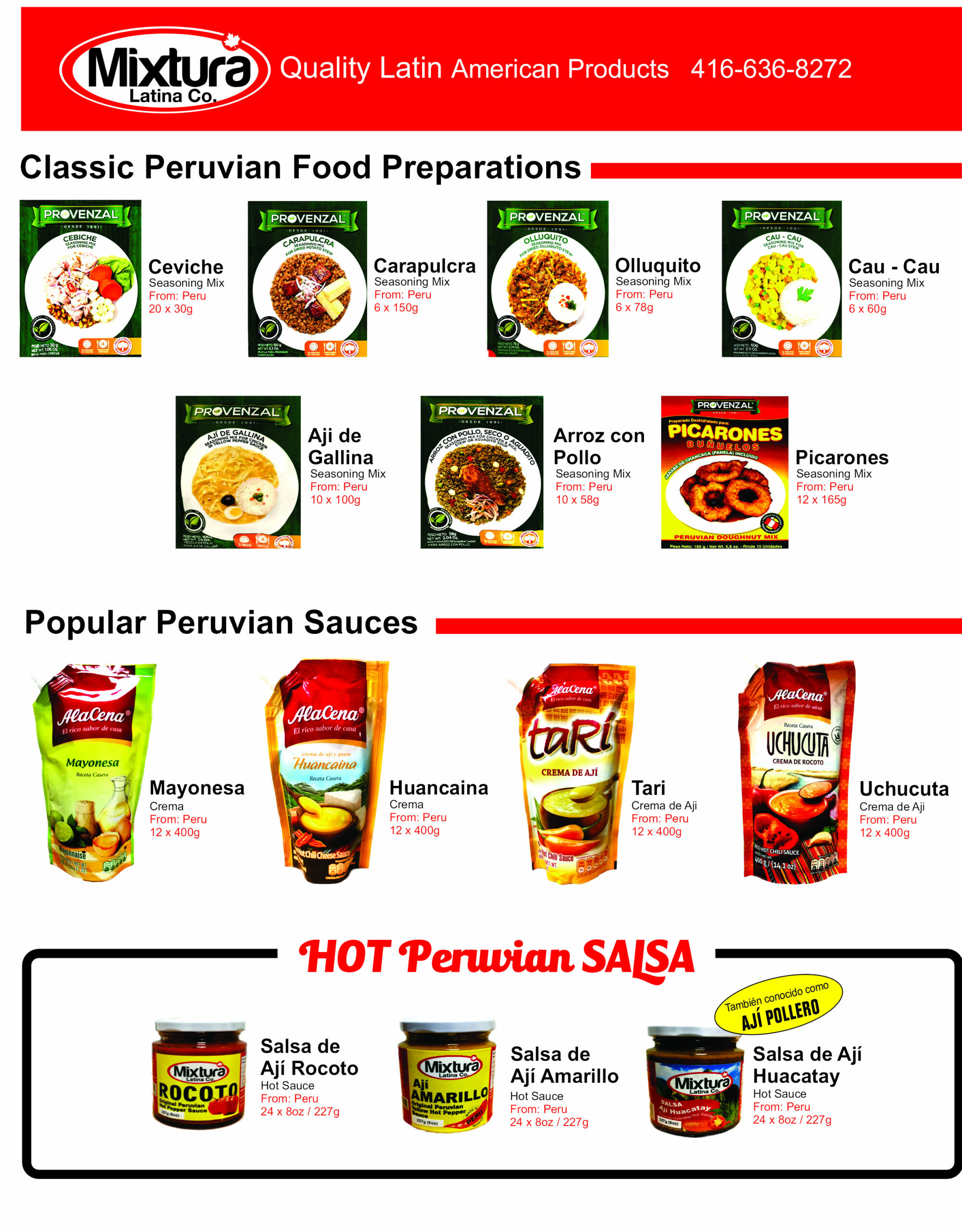 Catalogue: classic Peruvian food preparations and popular Peruvian sauces
