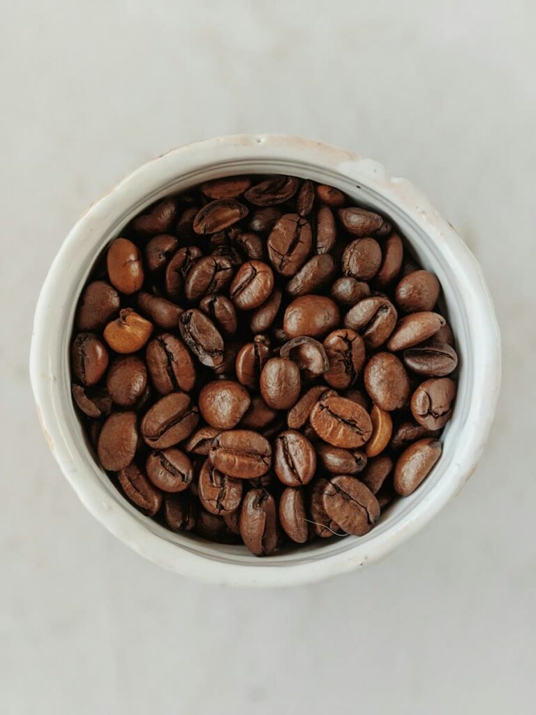 Roasted coffee beans in a bowl
