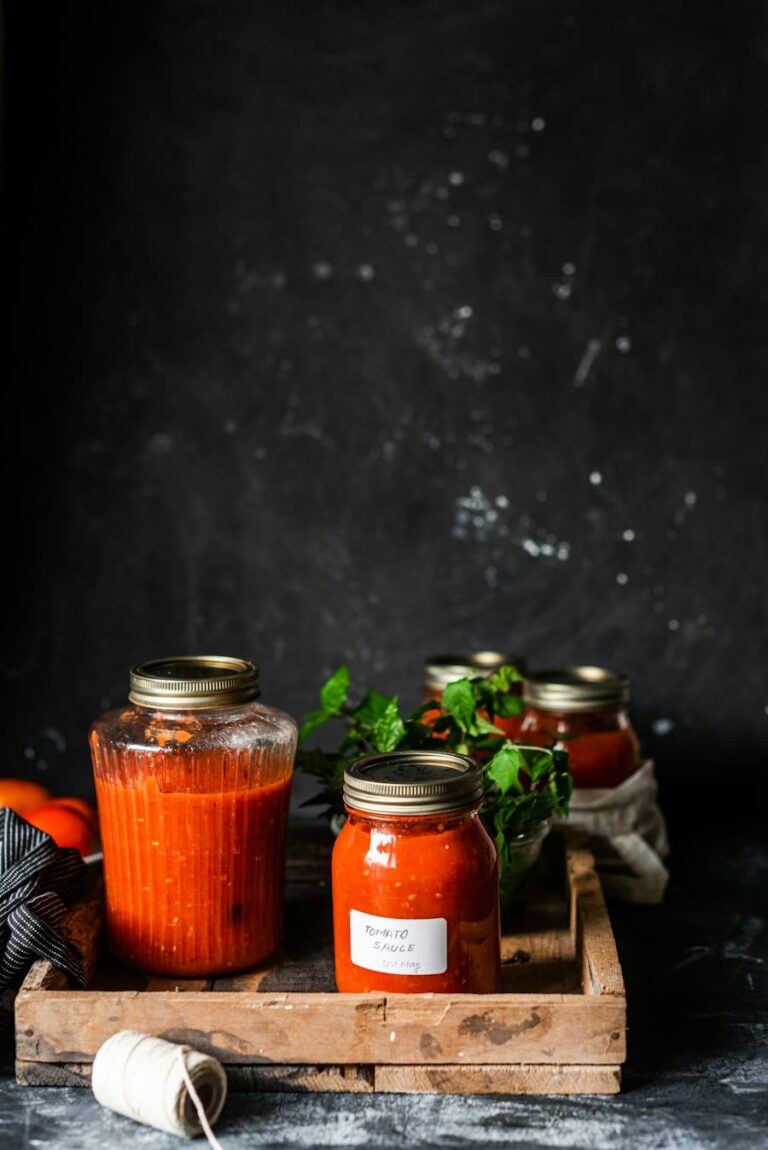 Jars of red pepper sauce on a wooden board