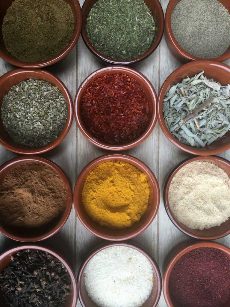 Bowls of colourful ground spices
